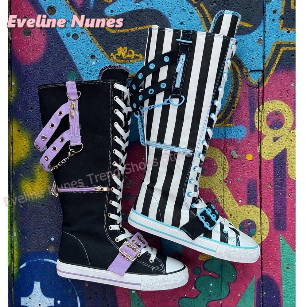 Y2K Gothic Striped Canvas Boot - Women'S Shoes Y2K 评论和价格