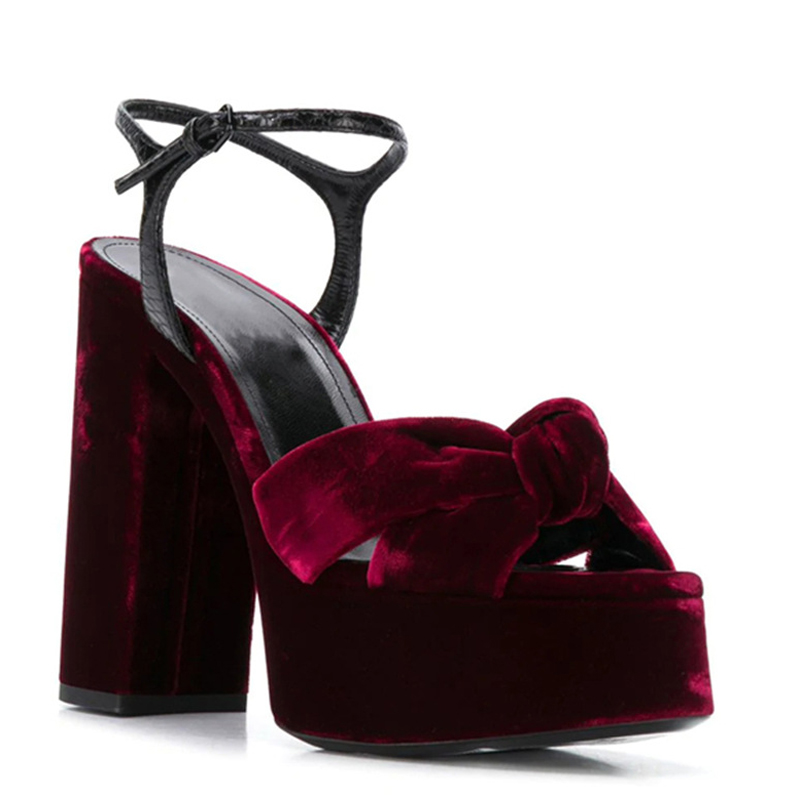Burgundy Velvet Knot Peep Toe  - Women'S Shoes Burgundy 评论和价格