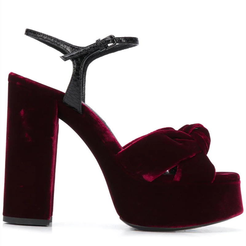 Burgundy Velvet Knot Peep Toe  - Women'S Shoes Burgundy 评论和价格