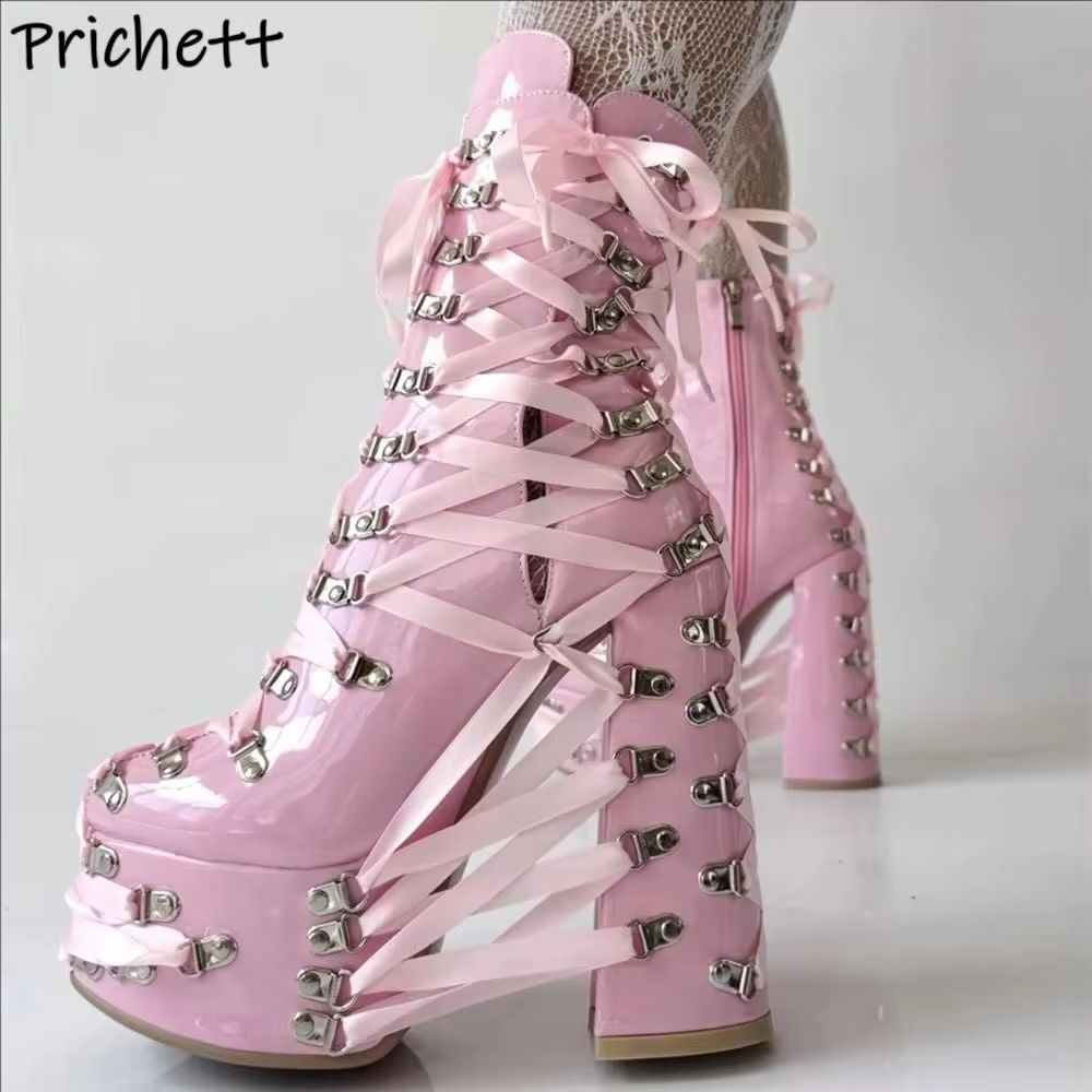 Black Pink Cross Tied Ankle Bo - Ribbon Tie Heel 评论和价格