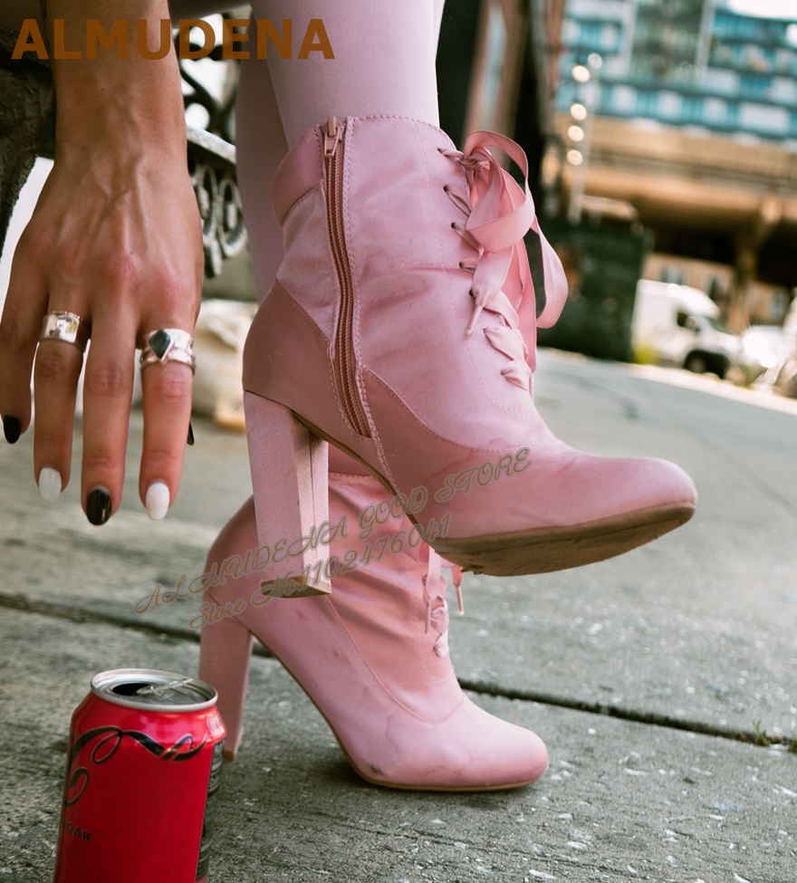 ALMUDENA Pink Satin Chunky Hee - Ribbon Tie Heel 评论和价格