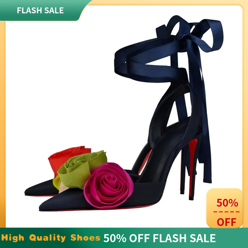 Women Elegant Glam Floral Sati - Ribbon Tie Heel 评论和价格